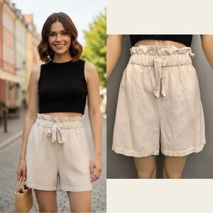 MARILOUP WOLFE Cream High Rise Ruffles On The Waist Soft Casual Shorts.
